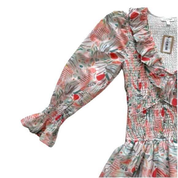 Vestique Sammie Peach Green Floral Smocked Deep V-Neck Mini Dress Small NEW - Picture 9 of 13